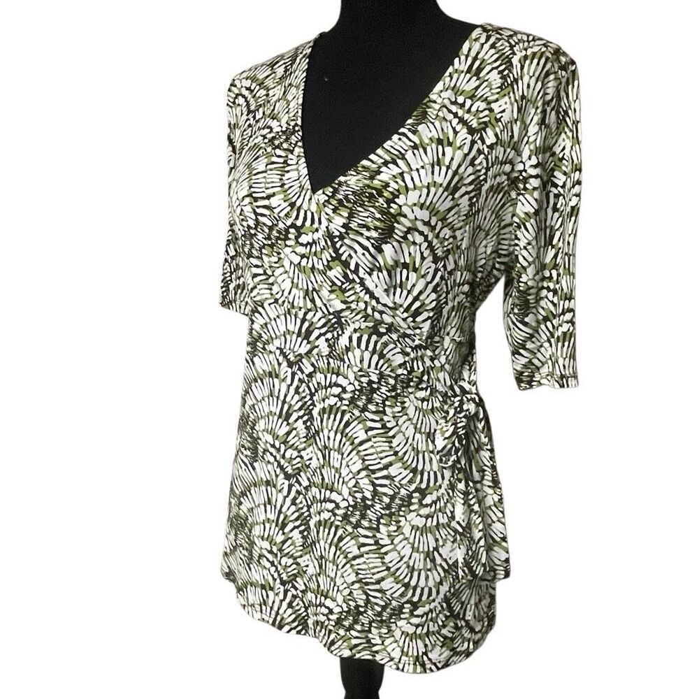 Merona Green Black and White Print Faux Wrap Top